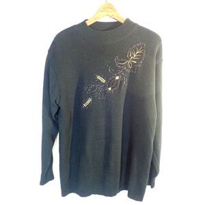 Modes Ky Vintage Sweater Black Gold Embroidery Leaf Large Fall Christmas
